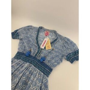 Sal Rosa Molly Mini Dress Blue‎ White Cotton Silk Block Print Tassel Smocked L